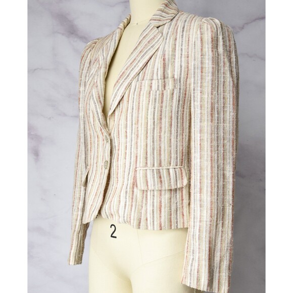 1970s Linen Blend Blazer Size Small Minimalist Striped Jacket Neutral - Picture 6 of 9